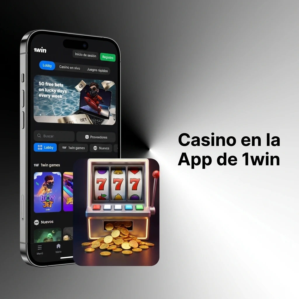 Pantalla de casino en la app de 1win con tragamonedas, ruleta y blackjack en vivo disponibles 24 horas