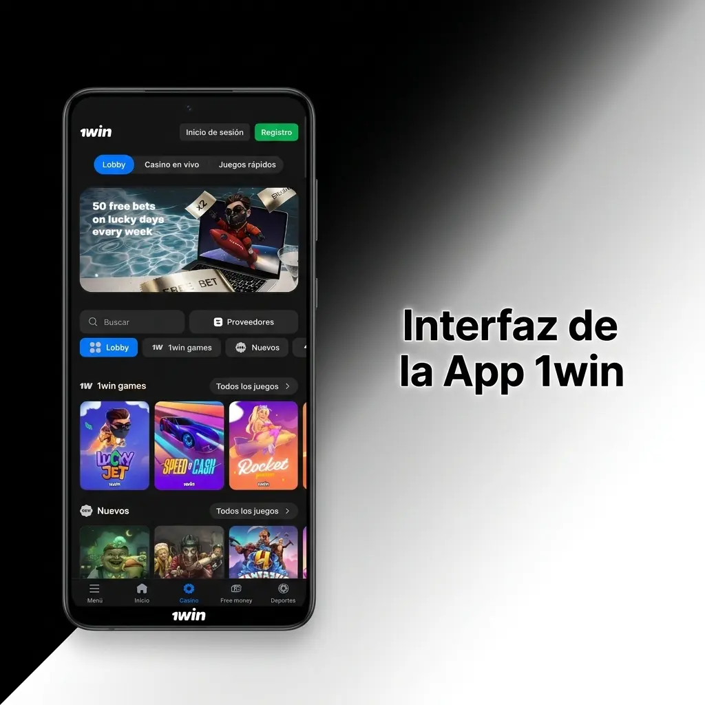 Interfaz oscura y moderna de la app 1win con menús de navegación inferiores para deportes, casino y pagos